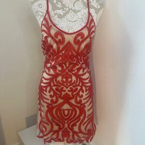 Nude & Red Beaded Dress